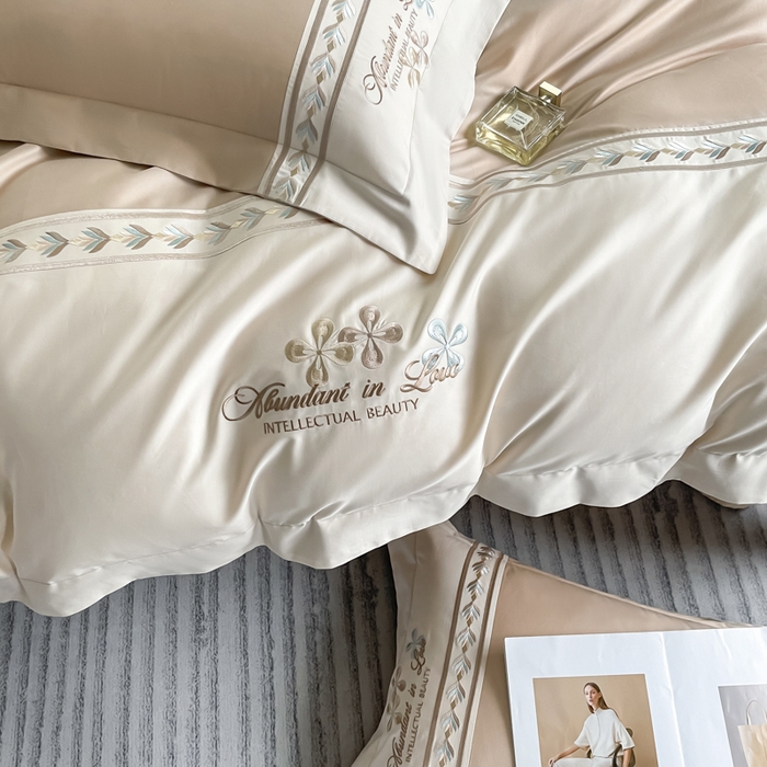 91家纺网 家纺一手货源 找家纺 桃园 2025新款全棉长绒棉刺绣绣花四件套-西西里系列 香槟