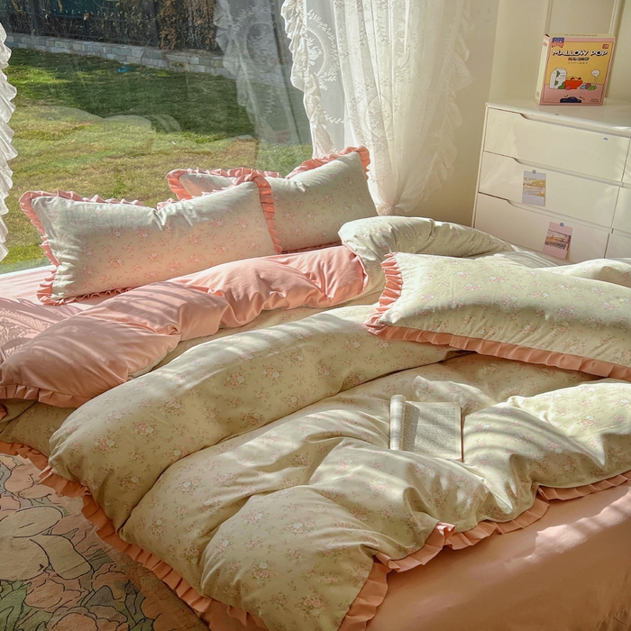 91家纺网 家纺一手货源 找家纺 欧尚 2025新款针织棉双层纱四件套 花开洁语