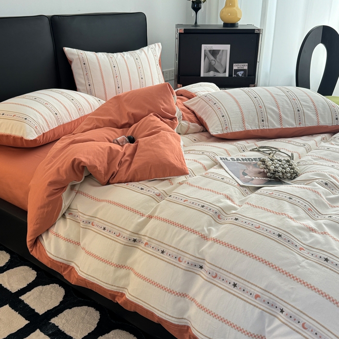 91家纺网 家纺一手货源 找家纺 简宜家居（朝初家纺） 2025新款40支全棉提花四件套（简川-星辰系列） 星辰-橘红