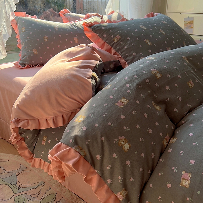 91家纺网 家纺一手货源 找家纺 欧尚 2025新款针织棉双层纱四件套 萌趣仔仔