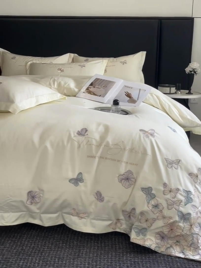 91家纺网 家纺一手货源 找家纺 欧乐蒂 2025新款A类亲肤棉刺绣四件套-蝶舞 蝶舞-柔白