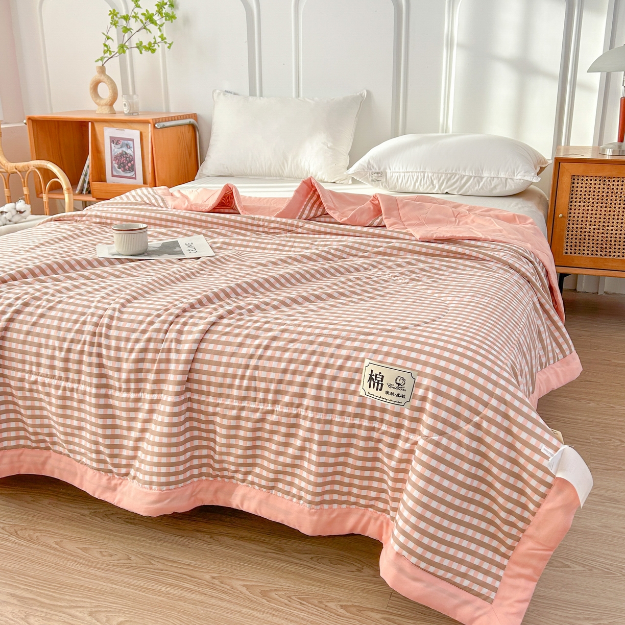 91家纺网 家纺一手货源 找家纺 佰丝居 2025新款A类水洗棉夏被100%新疆棉花被空调被夏凉被 粉小格