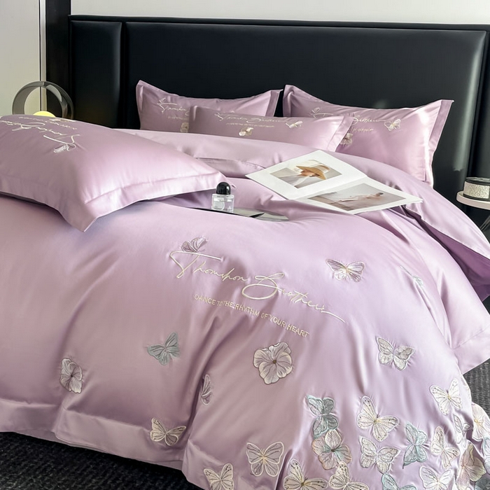 91家纺网 家纺一手货源 找家纺 欧乐蒂 2025新款A类亲肤棉刺绣四件套-蝶舞 蝶舞-黛紫