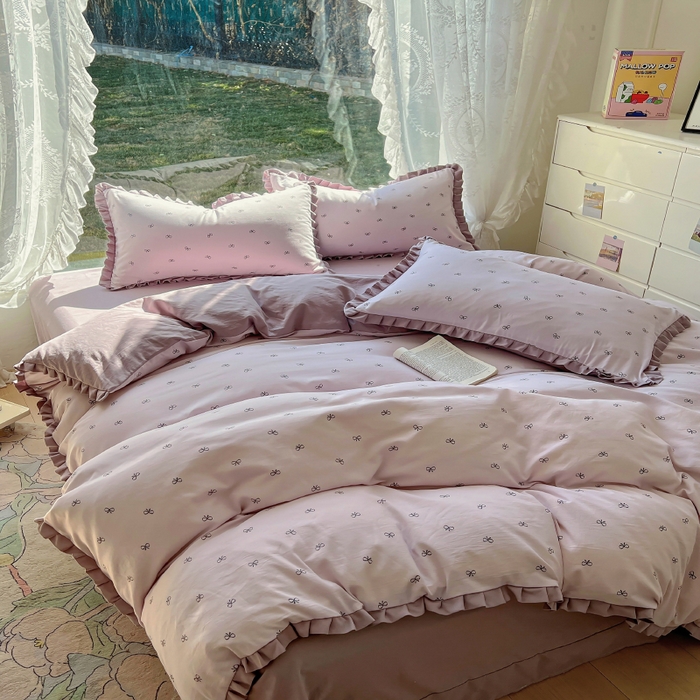 91家纺网 家纺一手货源 找家纺 欧尚 2025新款针织棉双层纱四件套 洁美紫