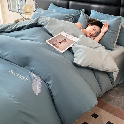 91家纺网 家纺一手货源 找家纺 （总）火麒麟 2025新款亲肤水洗棉轻奢刺绣四件套-彩羽系列