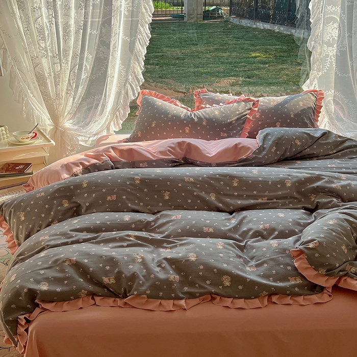 91家纺网 家纺一手货源 找家纺 欧尚 2025新款针织棉双层纱四件套 萌趣仔仔