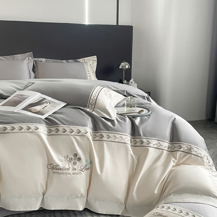 91家纺网 家纺一手货源 找家纺 桃园 2025新款全棉长绒棉刺绣绣花四件套-西西里系列 绅士灰