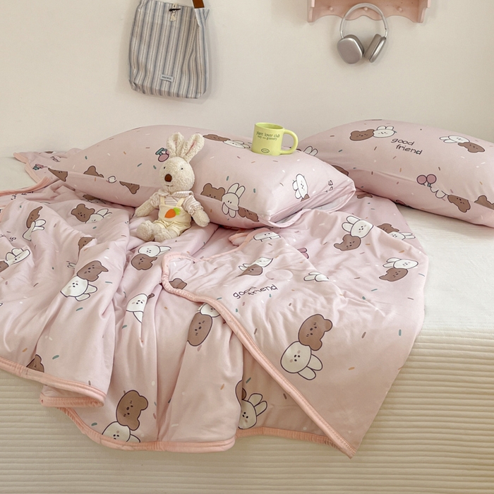 91家纺网 家纺一手货源 找家纺 桃子家居  2025新款A类高品质牛奶针织棉软糯大豆夏被 针织棉-粉色熊兔