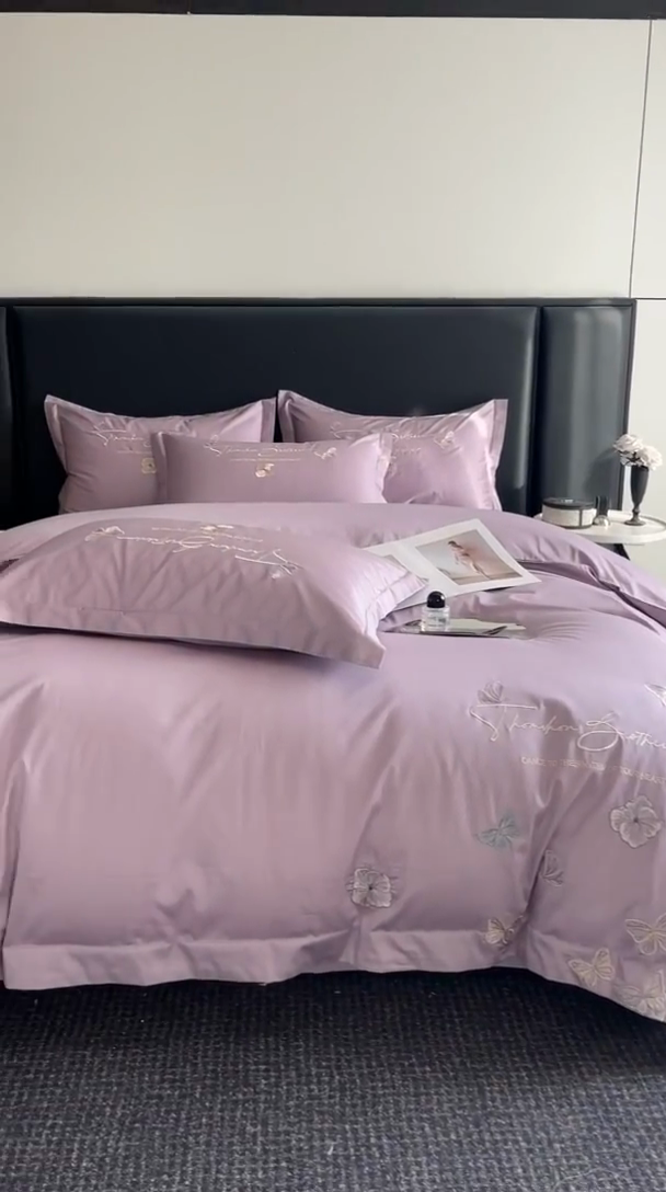 91家纺网 家纺一手货源 找家纺 欧乐蒂 2025新款A类亲肤棉刺绣四件套-蝶舞 蝶舞-黛紫