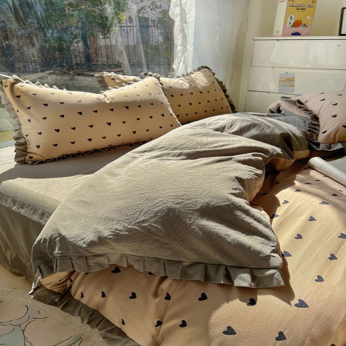 91家纺网 家纺一手货源 找家纺 欧尚 2025新款针织棉双层纱四件套 灰爱心