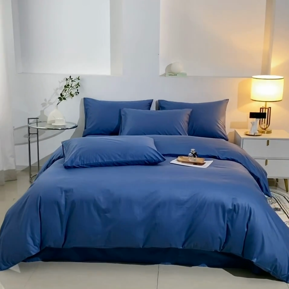 91家纺网 家纺一手货源 找家纺 晶缦家纺 2025新款喷气全棉13376纯棉斜纹纯色多规格四件套-沐兰 沐兰-牛仔蓝