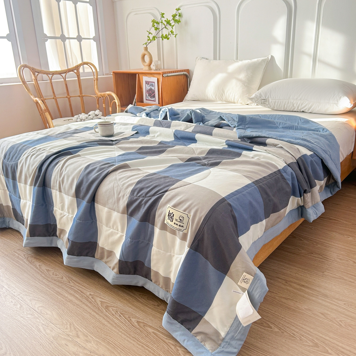91家纺网 家纺一手货源 找家纺 佰丝居 2025新款A类水洗棉夏被100%新疆棉花被空调被夏凉被 蓝大格