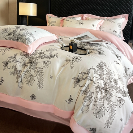 91家纺网 家纺一手货源 找家纺 首尔家纺 2025新款数码冰丝宽边系列四件套 冰丝-花团锦簇粉