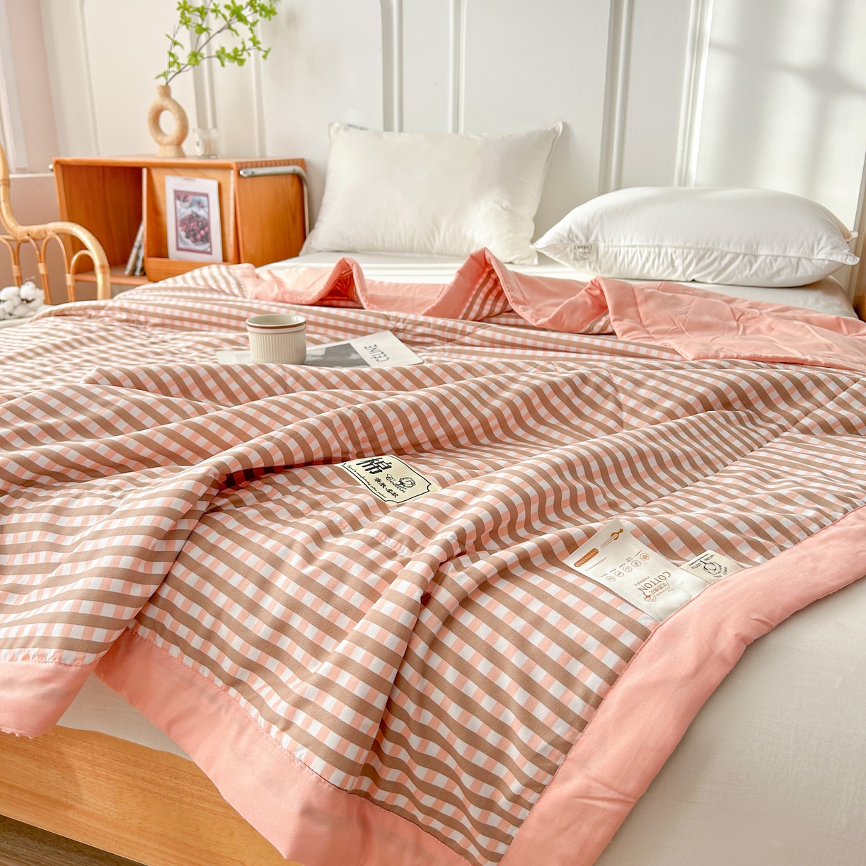 91家纺网 家纺一手货源 找家纺 佰丝居 2025新款A类水洗棉夏被100%新疆棉花被空调被夏凉被 粉小格