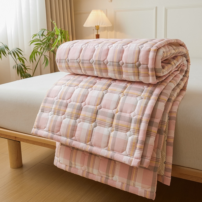 91家纺网 家纺一手货源 找家纺 恋绒家纺 2025新款无印风床褥床护垫宿舍床垫亲肤水洗棉软床垫 粉灰格