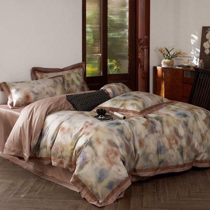 91家纺网 家纺一手货源 找家纺 由丽家纺 2025新款数码印花四件套 花芳霞-桔