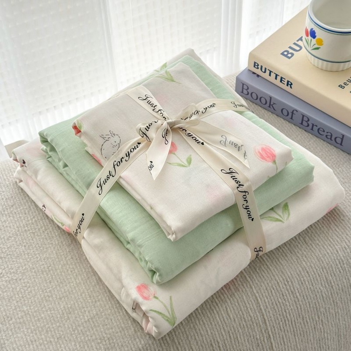 91家纺网 家纺一手货源 找家纺 2025新款双层纱印花卡通四件套-叠拍 郁金香小兔