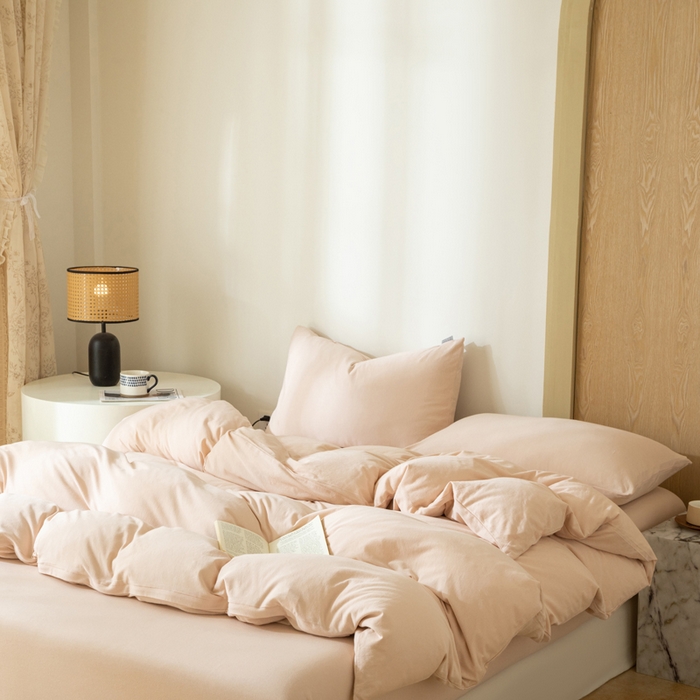 91家纺网 家纺一手货源 找家纺 梦可莱家居 2025春夏新品全棉针织棉纯色系列 蜜桃