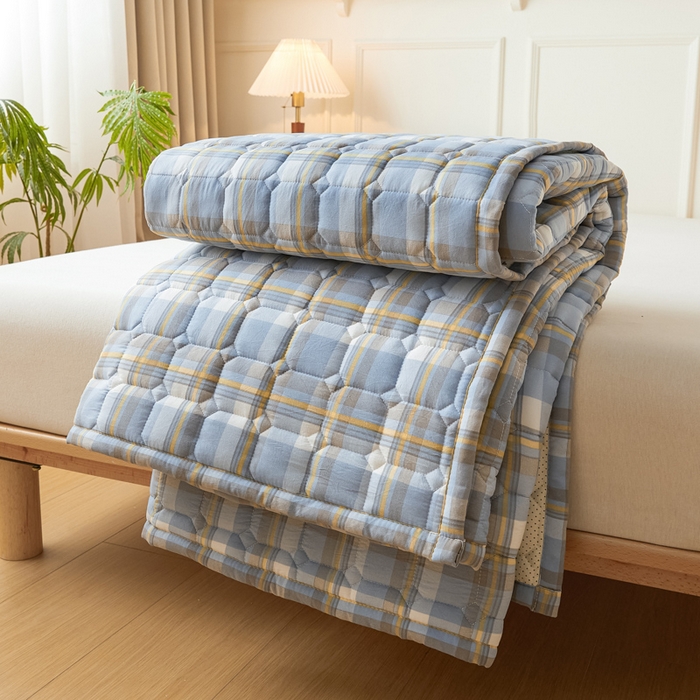 91家纺网 家纺一手货源 找家纺 恋绒家纺 2025新款无印风床褥床护垫宿舍床垫亲肤水洗棉软床垫 蓝灰格