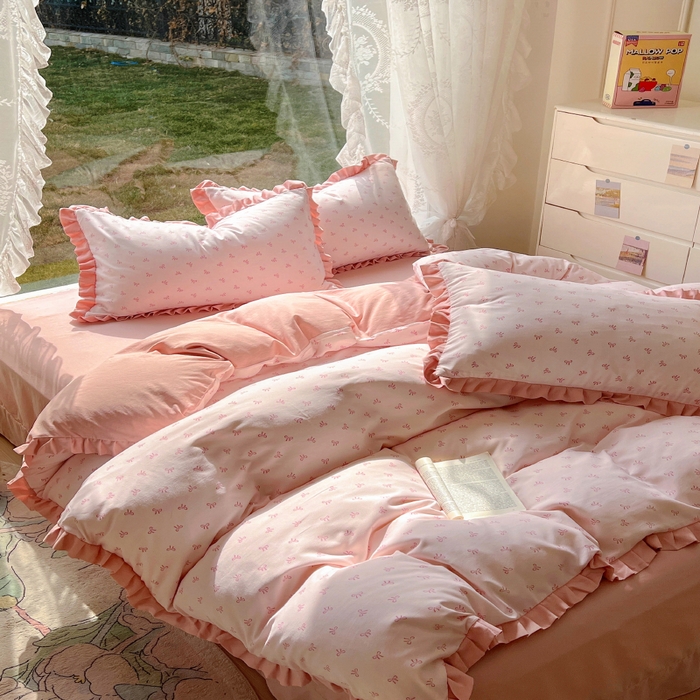 91家纺网 家纺一手货源 找家纺 欧尚 2025新款针织棉双层纱四件套 洁美粉