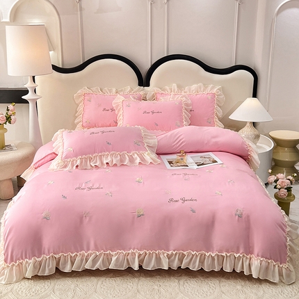 花香四季家纺 2025新款法式蕾丝裙边刺绣仙女公主风四件套 玫瑰粉