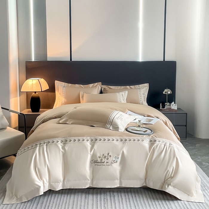 91家纺网 家纺一手货源 找家纺 桃园 2025新款全棉长绒棉刺绣绣花四件套-西西里系列 香槟