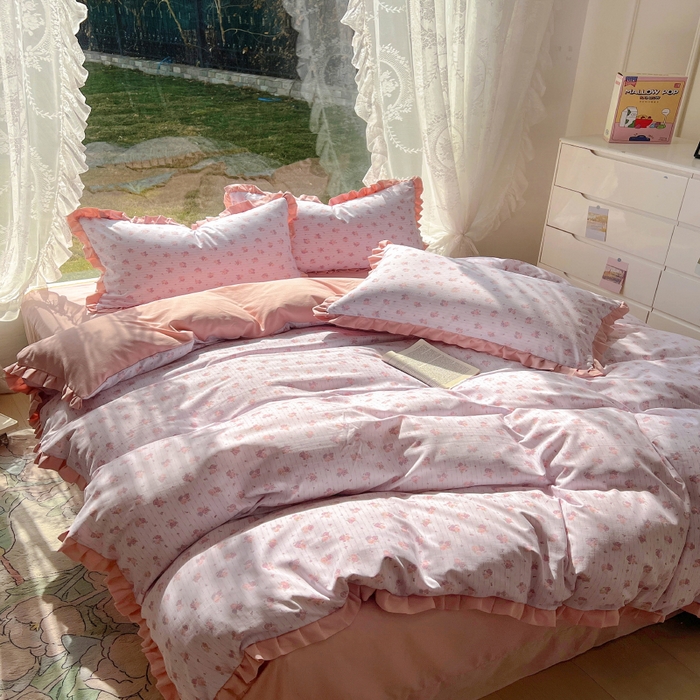 91家纺网 家纺一手货源 找家纺 欧尚 2025新款针织棉双层纱四件套 蔷薇