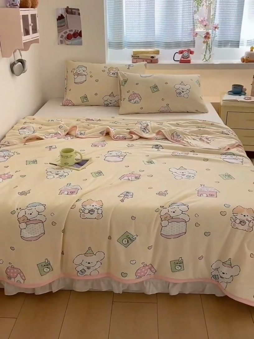 91家纺网 家纺一手货源 找家纺 桃子家居  2025新款A类高品质牛奶针织棉软糯大豆夏被 针织棉-粉色熊兔