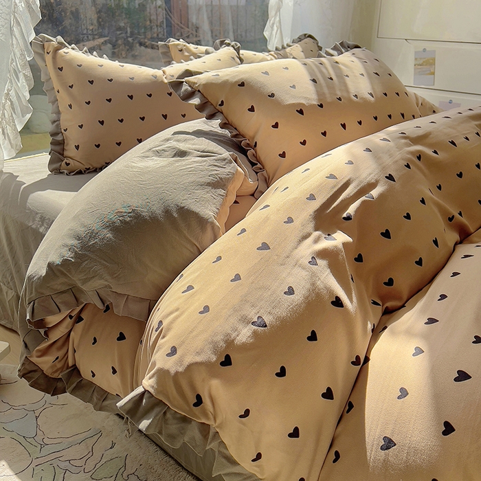 91家纺网 家纺一手货源 找家纺 欧尚 2025新款针织棉双层纱四件套 灰爱心