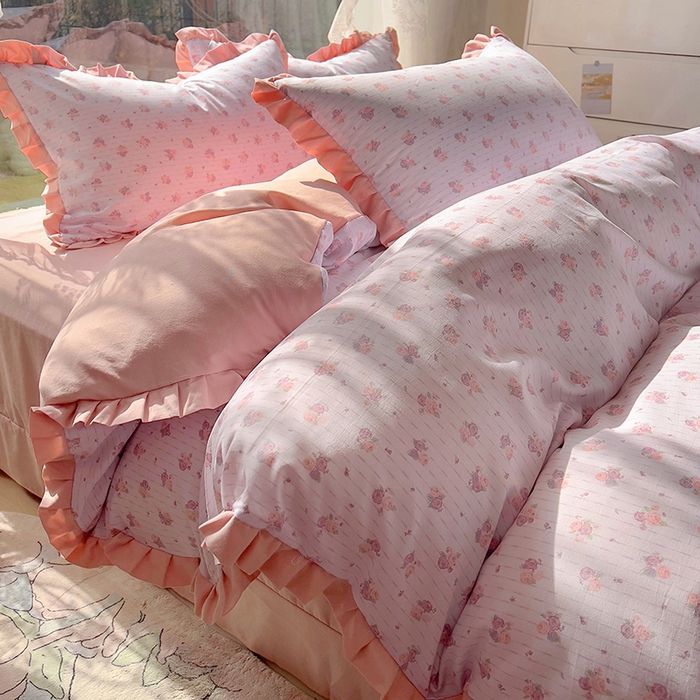 91家纺网 家纺一手货源 找家纺 欧尚 2025新款针织棉双层纱四件套 蔷薇