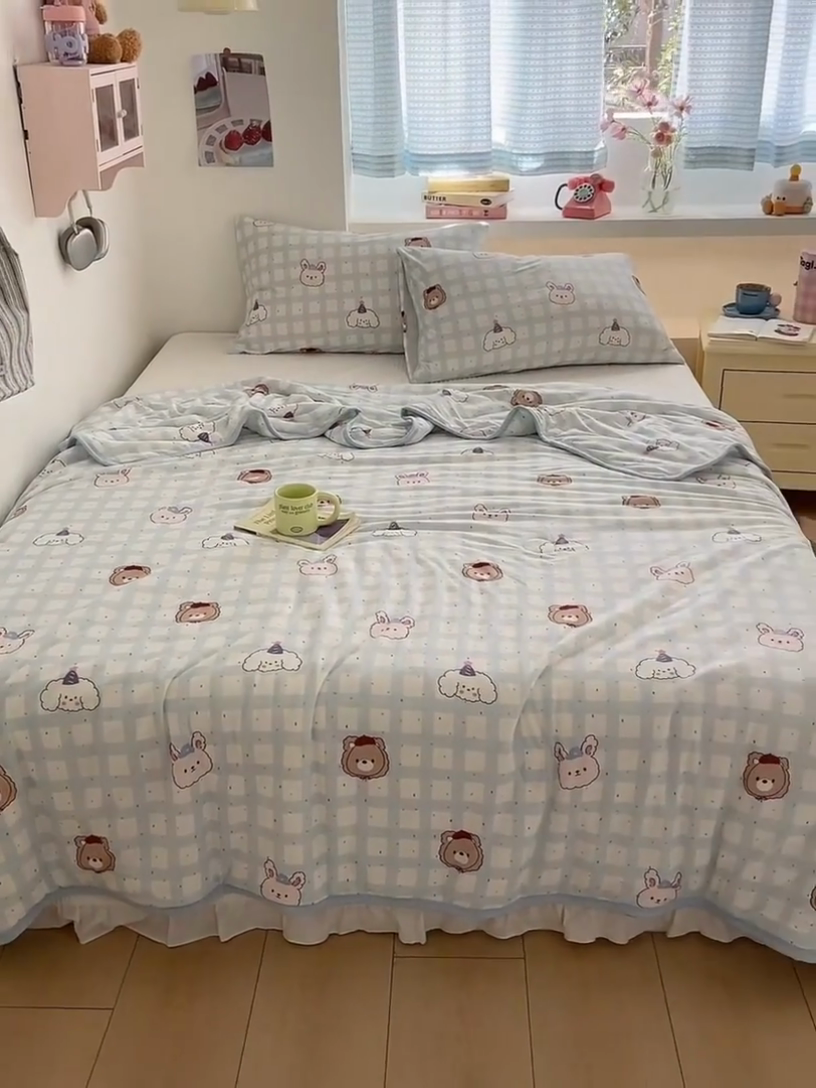 91家纺网 家纺一手货源 找家纺 桃子家居  2025新款A类高品质牛奶针织棉软糯大豆夏被 针织棉-蓝格派对