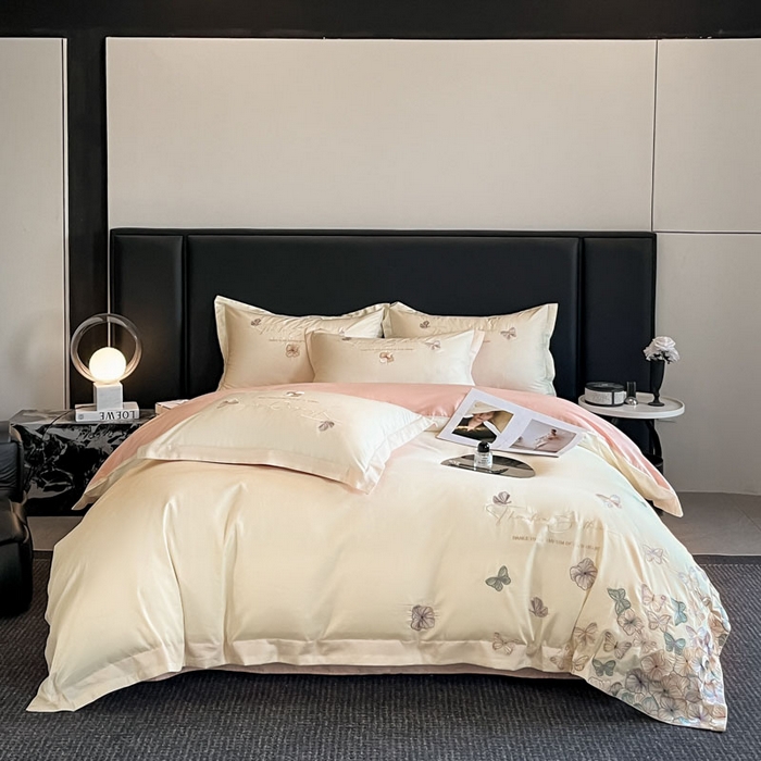 91家纺网 家纺一手货源 找家纺 欧乐蒂 2025新款A类亲肤棉刺绣四件套-蝶舞 蝶舞-白桃