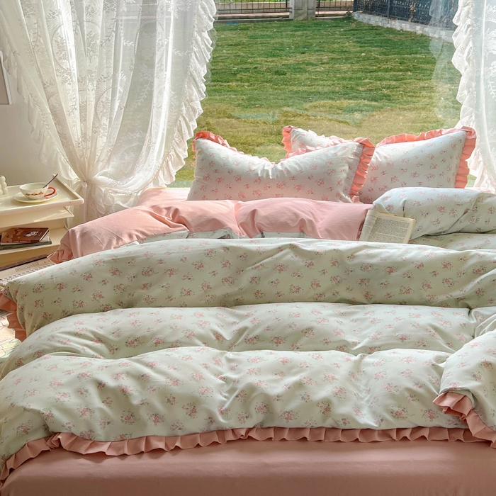 91家纺网 家纺一手货源 找家纺 欧尚 2025新款针织棉双层纱四件套 浪漫花开