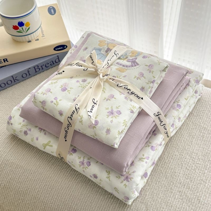 91家纺网 家纺一手货源 找家纺 2025新款双层纱印花卡通四件套-叠拍 花语兔