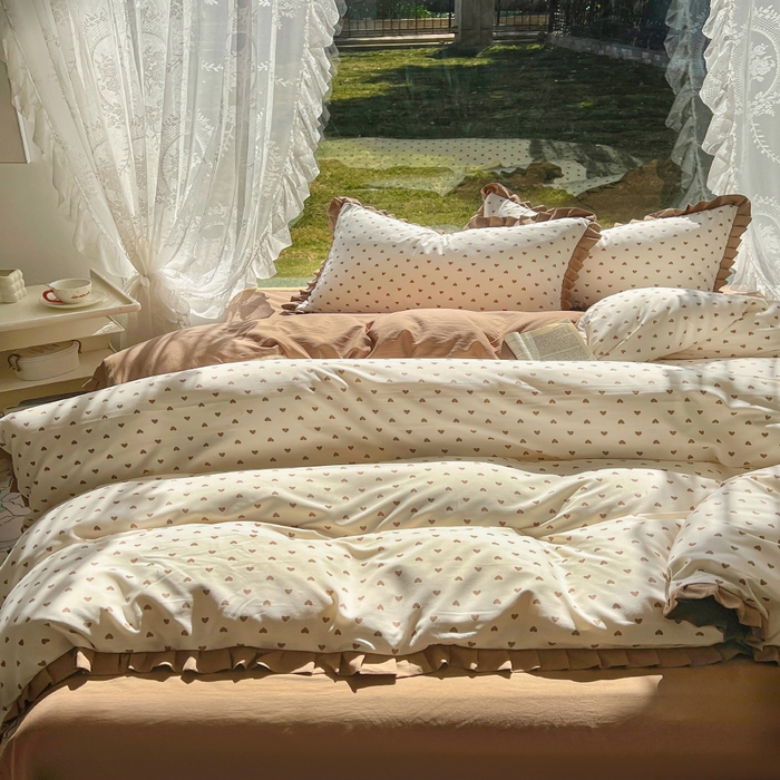 91家纺网 家纺一手货源 找家纺 欧尚 2025新款针织棉双层纱四件套 咖爱心