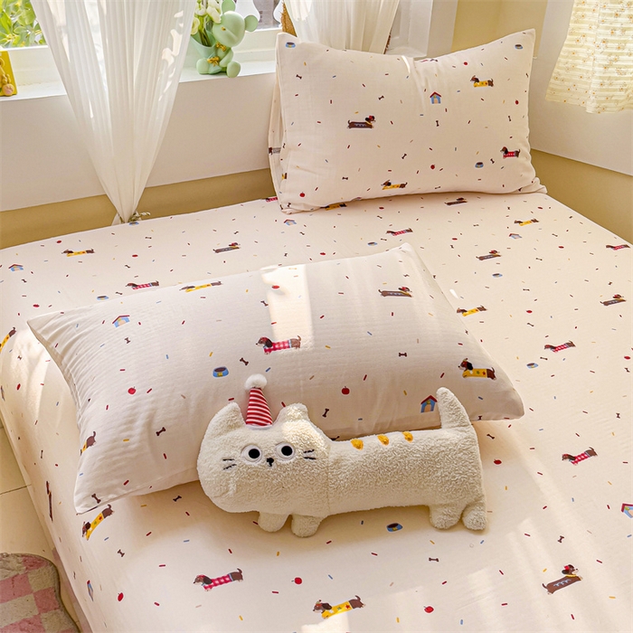 91家纺网 家纺一手货源 找家纺 名兮家居 2025新款全棉双层纱床笠 双层纱-辣条狗