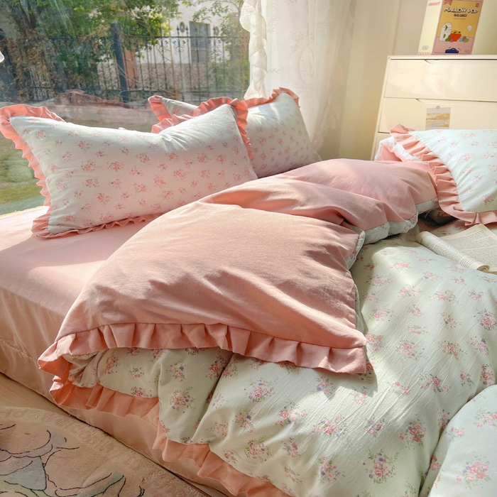 91家纺网 家纺一手货源 找家纺 欧尚 2025新款针织棉双层纱四件套 浪漫花开