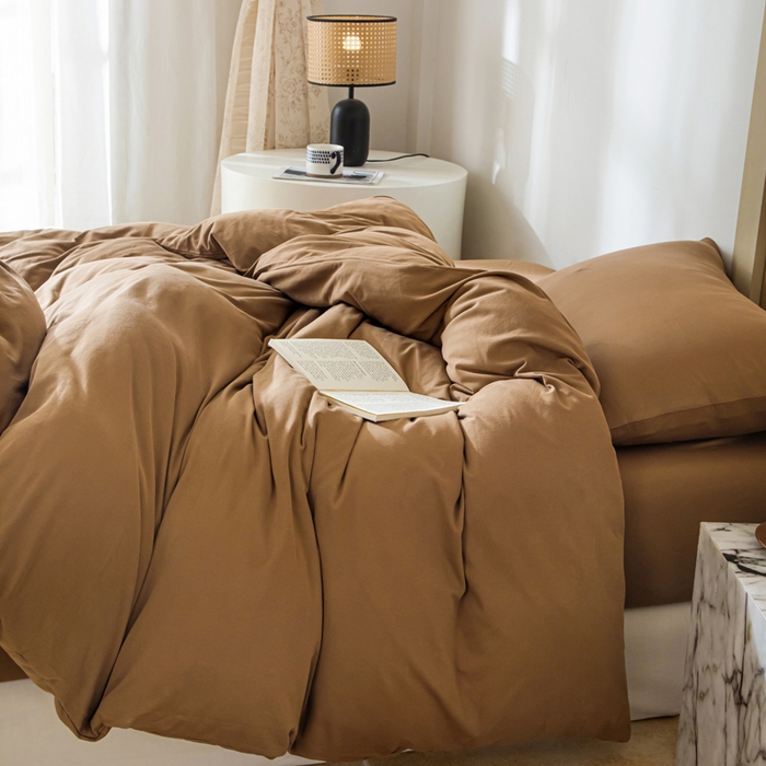 91家纺网 家纺一手货源 找家纺 梦可莱家居 2025春夏新品全棉针织棉纯色系列 栗子棕