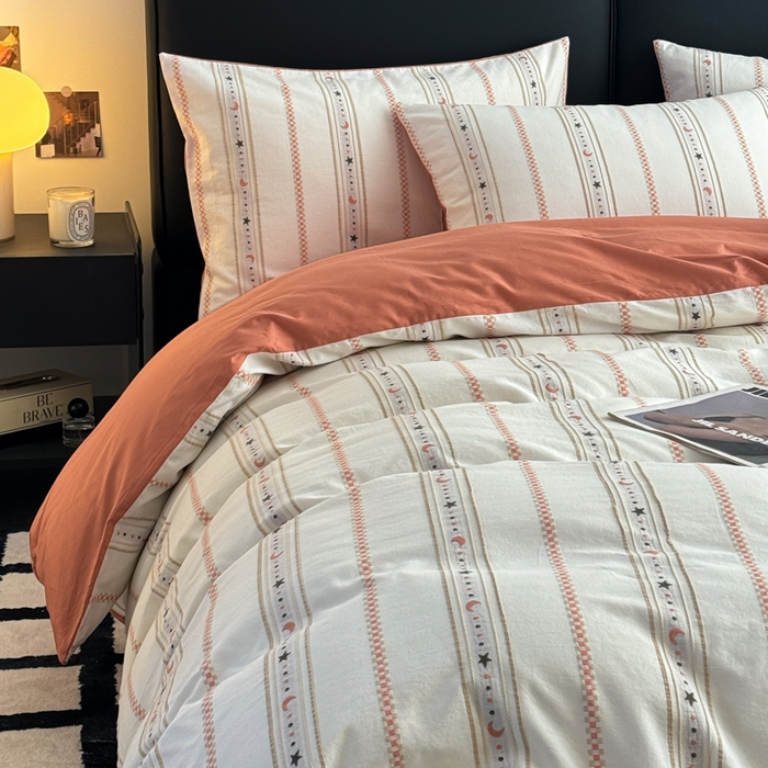 91家纺网 家纺一手货源 找家纺 简宜家居（朝初家纺） 2025新款40支全棉提花四件套（简川-星辰系列） 星辰-橘红