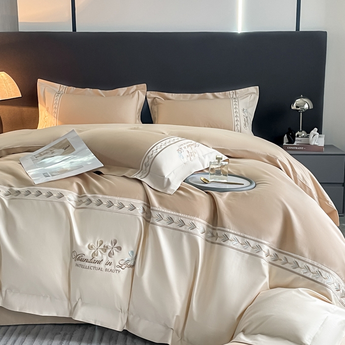 91家纺网 家纺一手货源 找家纺 桃园 2025新款全棉长绒棉刺绣绣花四件套-西西里系列 香槟