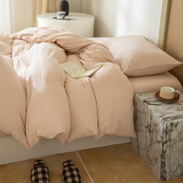 91家纺网 家纺一手货源 找家纺 梦可莱家居 2025春夏新品全棉针织棉纯色系列 蜜桃