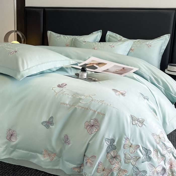 91家纺网 家纺一手货源 找家纺 欧乐蒂 2025新款A类亲肤棉刺绣四件套-蝶舞 蝶舞-茶绿