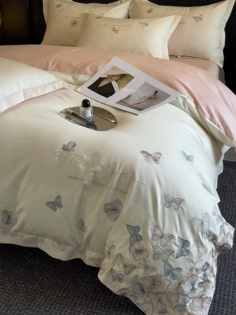 91家纺网 家纺一手货源 找家纺 欧乐蒂 2025新款A类亲肤棉刺绣四件套-蝶舞 蝶舞-白桃