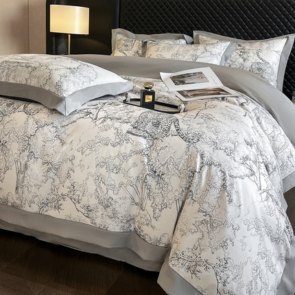 91家纺网 家纺一手货源 找家纺 首尔家纺 2025新款数码冰丝宽边系列四件套 冰丝-巴洛克灰