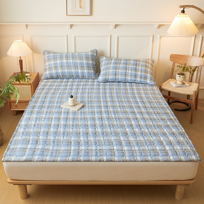 91家纺网 家纺一手货源 找家纺 恋绒家纺 2025新款无印风床褥床护垫宿舍床垫亲肤水洗棉软床垫 蓝灰格
