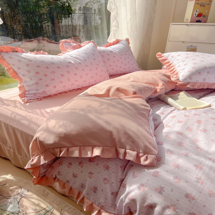 91家纺网 家纺一手货源 找家纺 欧尚 2025新款针织棉双层纱四件套 蔷薇