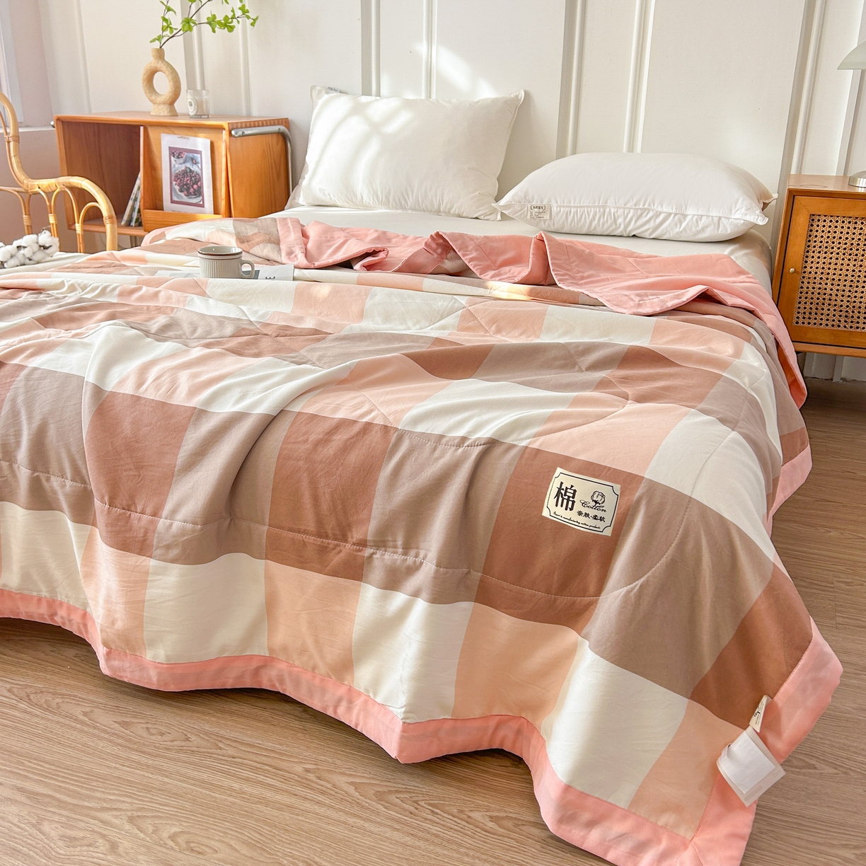 91家纺网 家纺一手货源 找家纺 佰丝居 2025新款A类水洗棉夏被100%新疆棉花被空调被夏凉被 粉大格