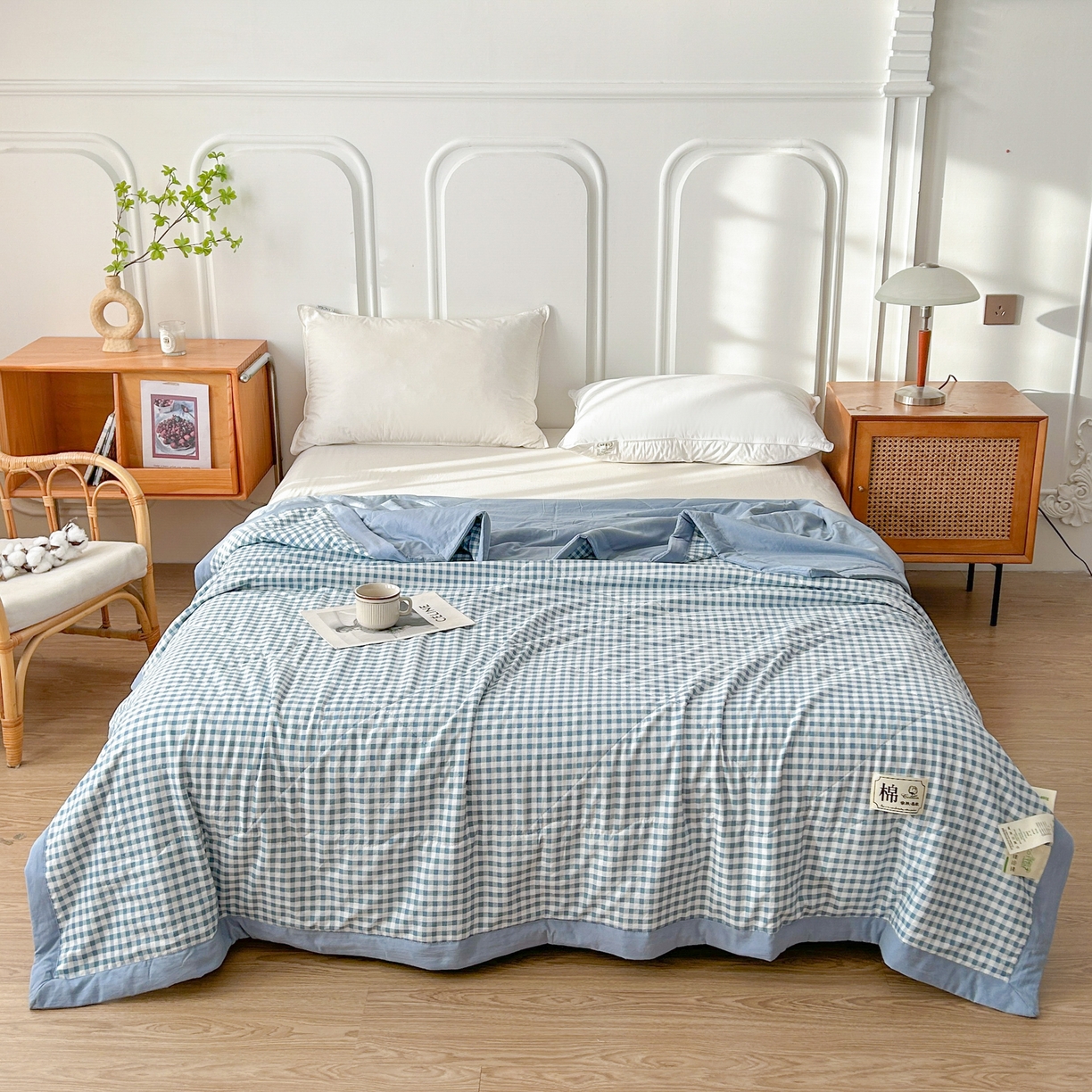 91家纺网 家纺一手货源 找家纺 佰丝居 2025新款A类水洗棉夏被100%新疆棉花被空调被夏凉被 蓝小格