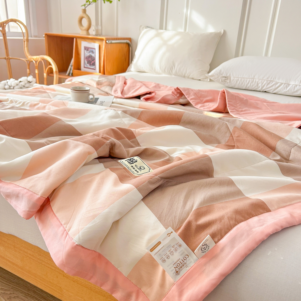 91家纺网 家纺一手货源 找家纺 佰丝居 2025新款A类水洗棉夏被100%新疆棉花被空调被夏凉被 粉大格