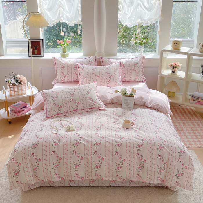 91家纺网 家纺一手货源 找家纺 铭博家纺 2025新款直播爆款100%全棉吊边一字绣工艺款13070印花全棉四件套 潮汐心语